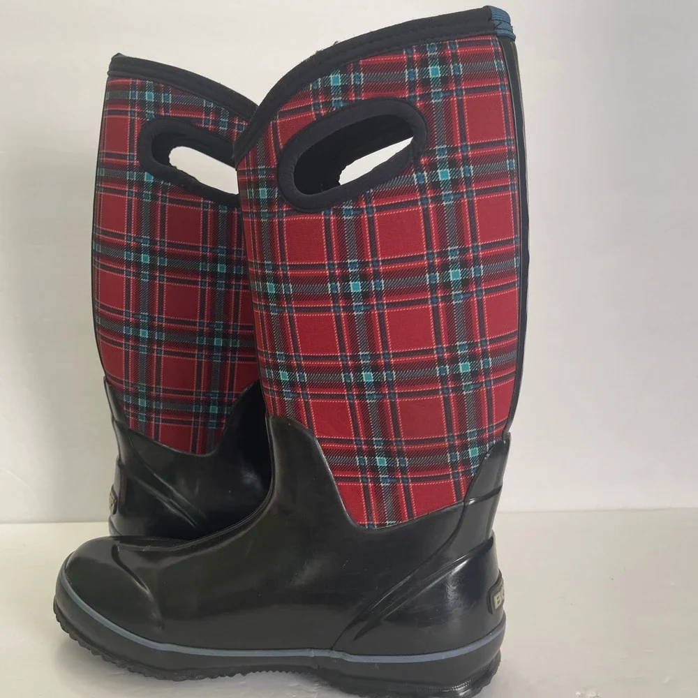 Bogs Classic Winter Plaid Waterproof Boots Red Blue Tartan Womens 8 Neo-Tech